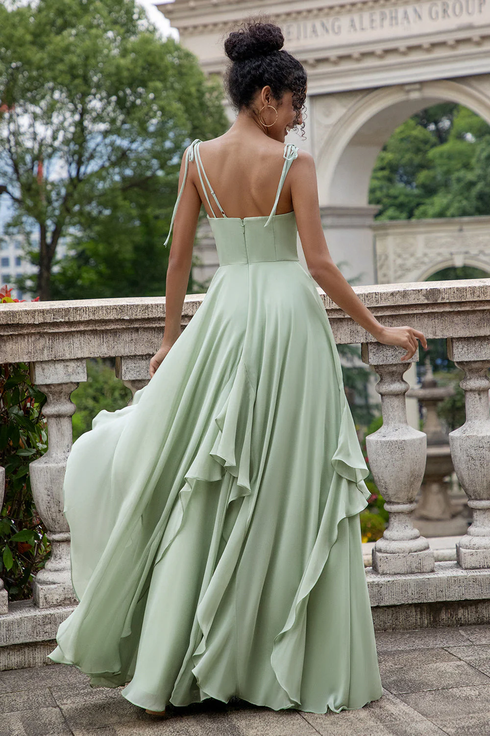 Matcha A Line Spaghetti Straps Long Bridesmaid Dress with Ruffles - Image 6