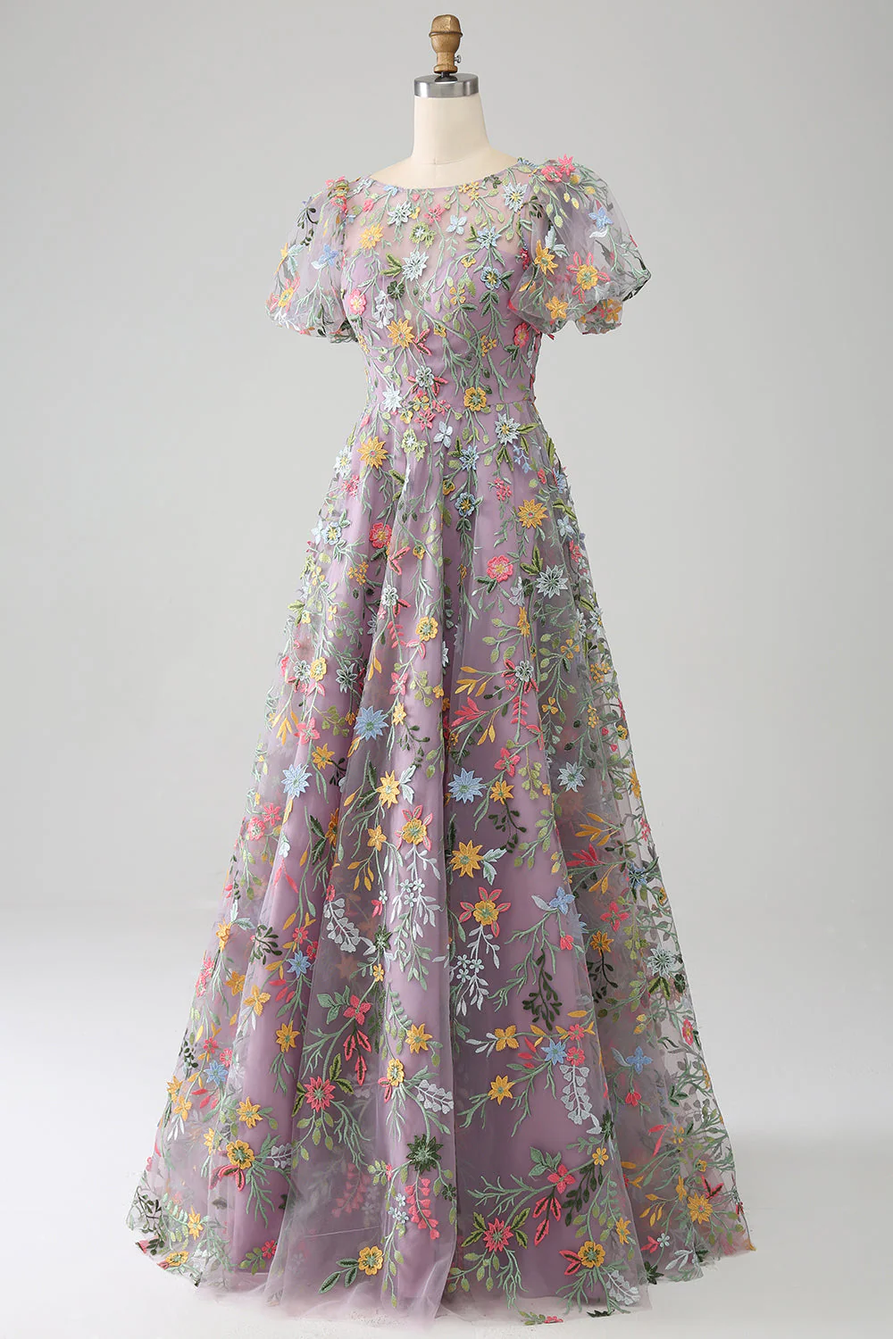 Mauve Ball-Gown/Princess Embroidered Prom Dress with Short Sleeves - Image 3