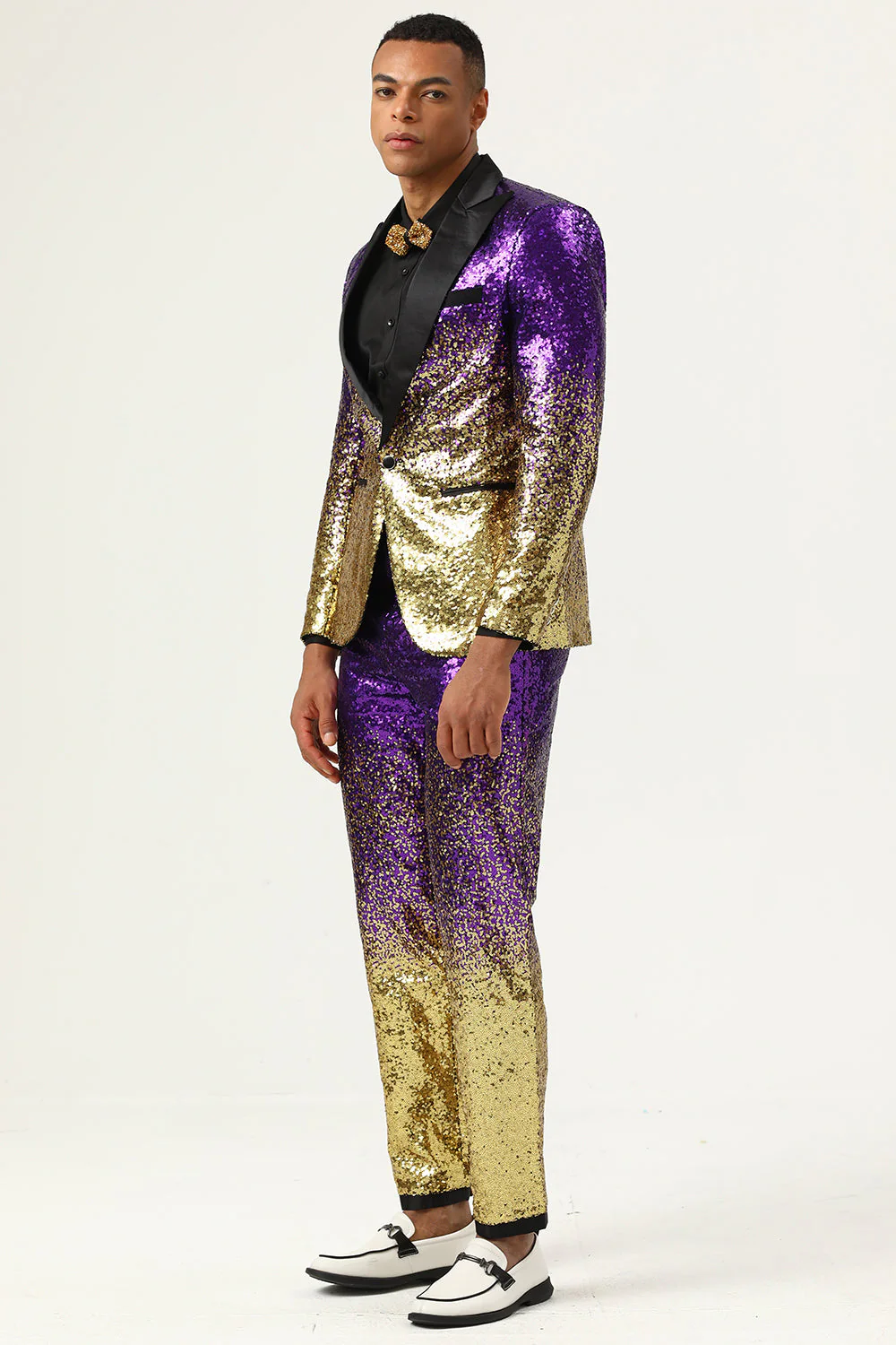 Men's 2 Piece Ombre Sequins Purple Slim Fit Notched Lapel Prom Suits - Image 3