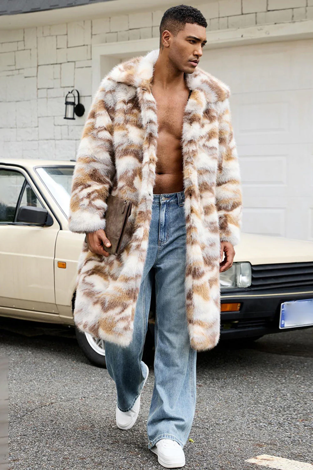 Men's Apricot Camo Faux Fur Shawl Collar Long Coat - Image 2