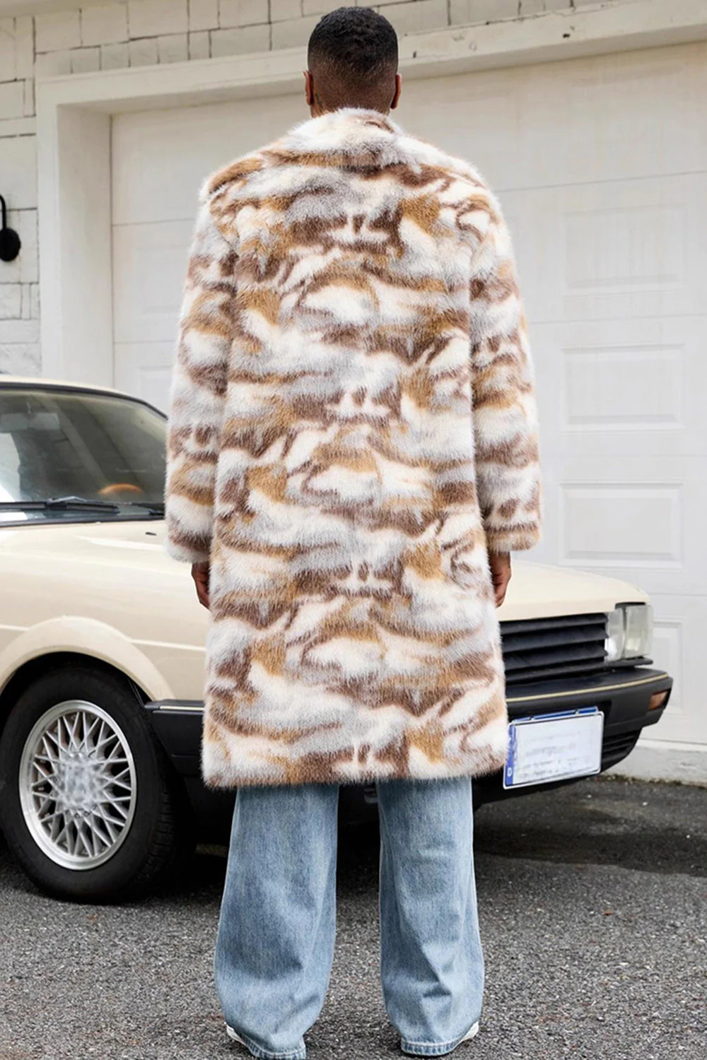 Men's Apricot Camo Faux Fur Shawl Collar Long Coat - Image 3