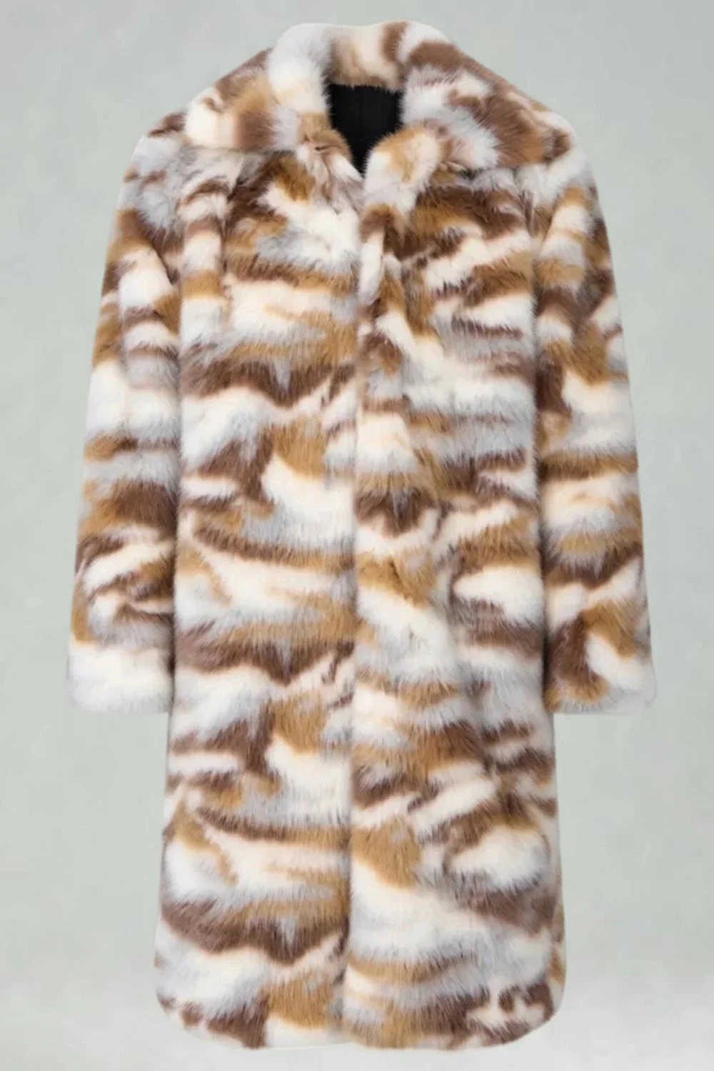 Men's Apricot Camo Faux Fur Shawl Collar Long Coat - Image 4