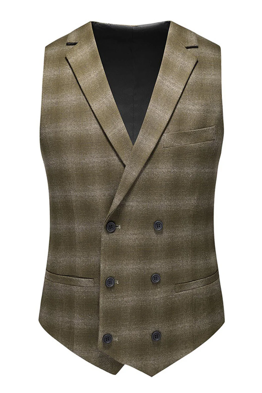 Men's Army Green Striped Peaked Lapel 3 Pieces Formal Suits - Image 3