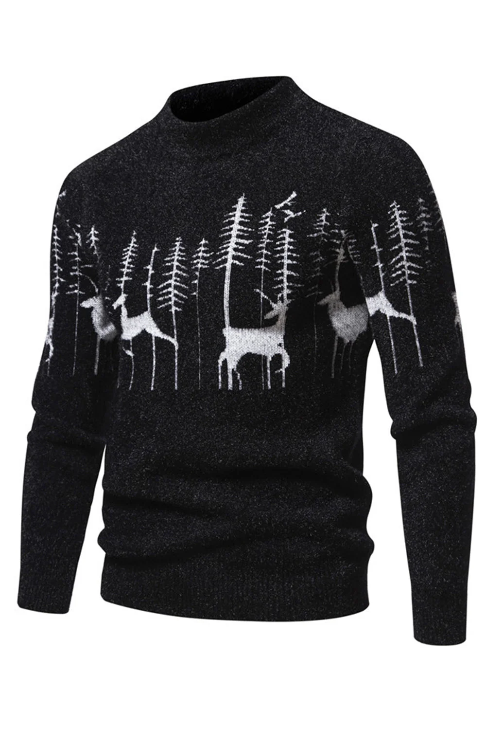 Men's Black Slim-fit Crew Neck Christmas Deer Print Sweater - Image 3