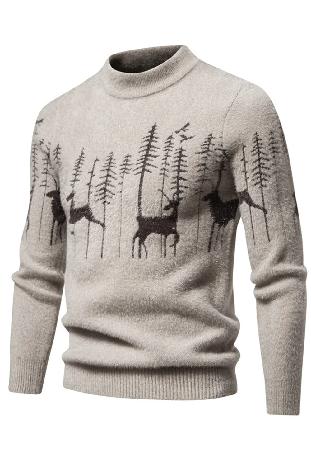 Men's Black Slim-fit Crew Neck Christmas Deer Print Sweater - Image 9