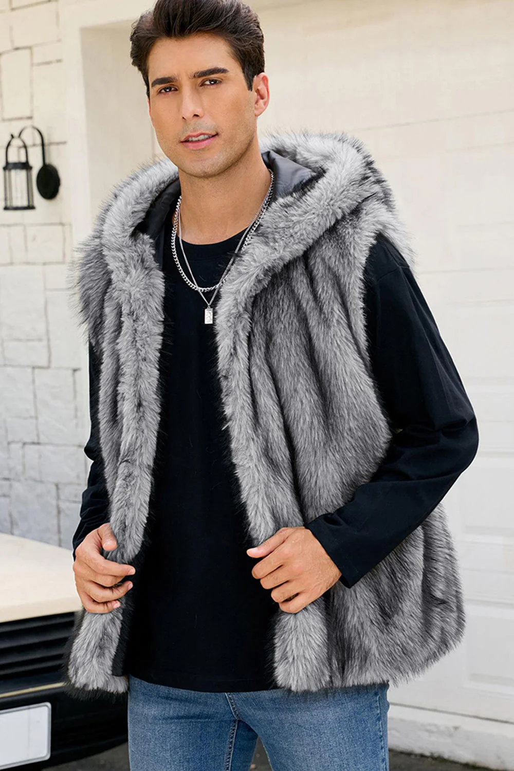 Men's Camel Faux Fur Hooded Vest - Image 10