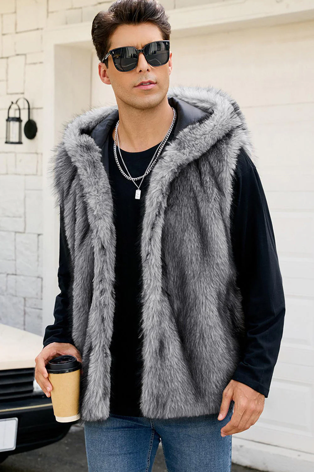 Men's Camel Faux Fur Hooded Vest - Image 11