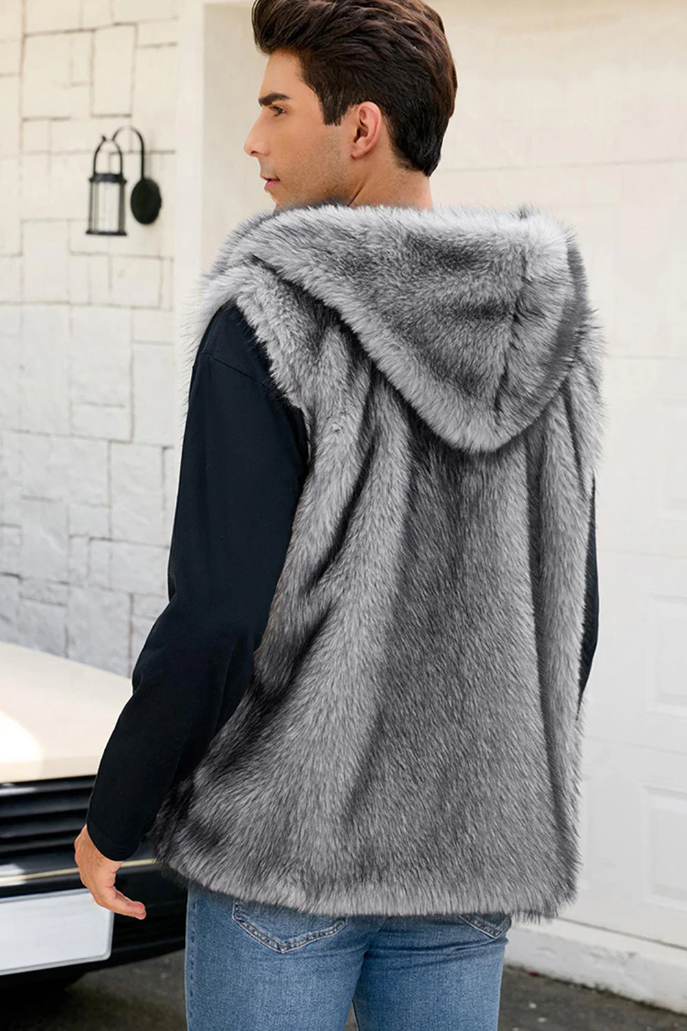 Men's Camel Faux Fur Hooded Vest - Image 12