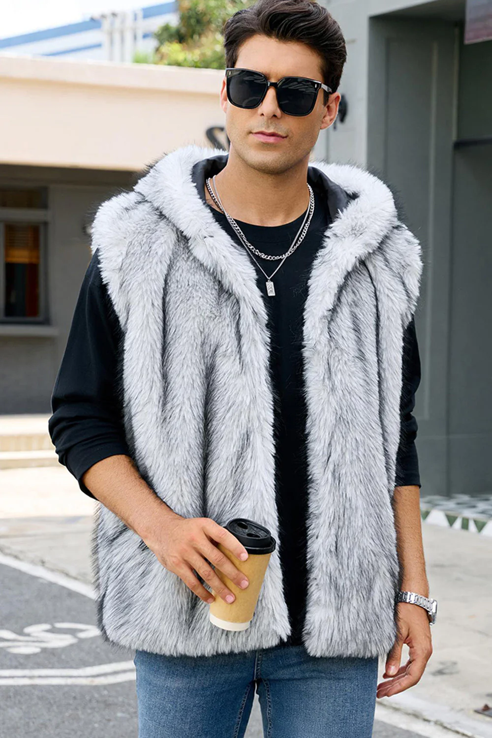 Men's Camel Faux Fur Hooded Vest - Image 15