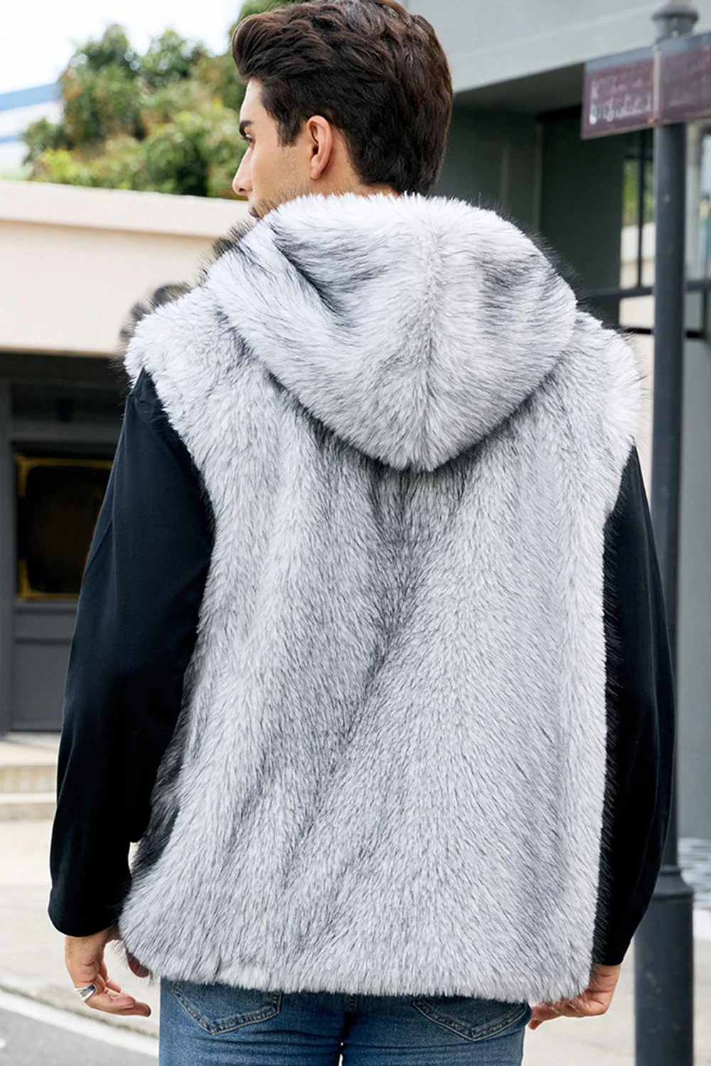 Men's Camel Faux Fur Hooded Vest - Image 16
