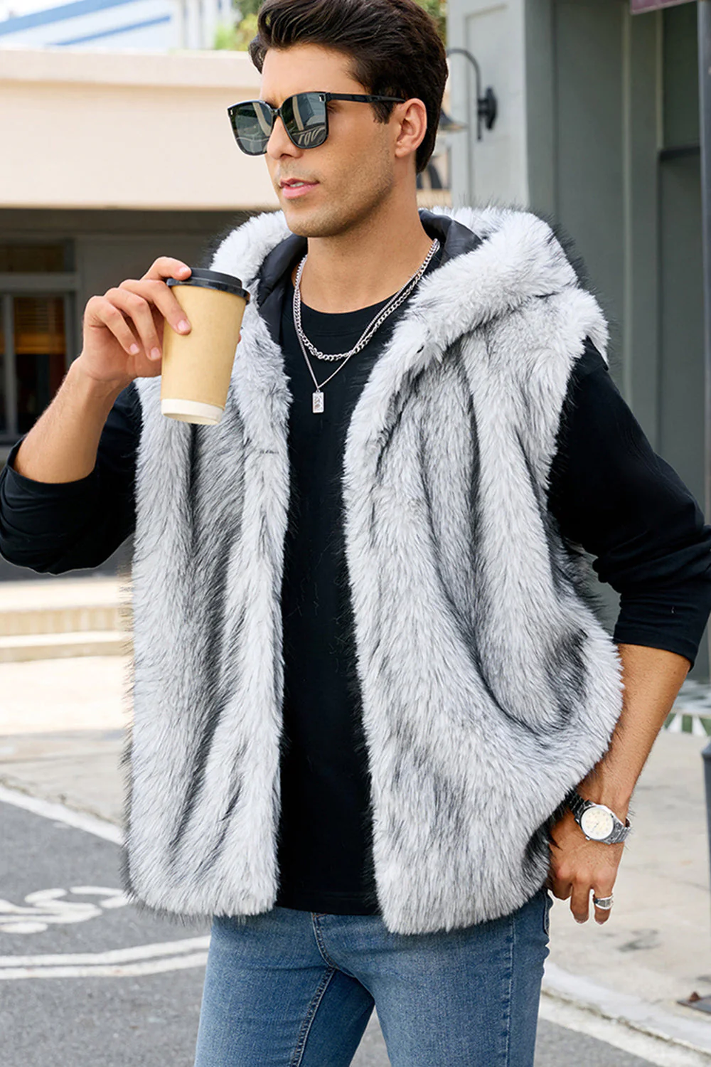 Men's Camel Faux Fur Hooded Vest - Image 17