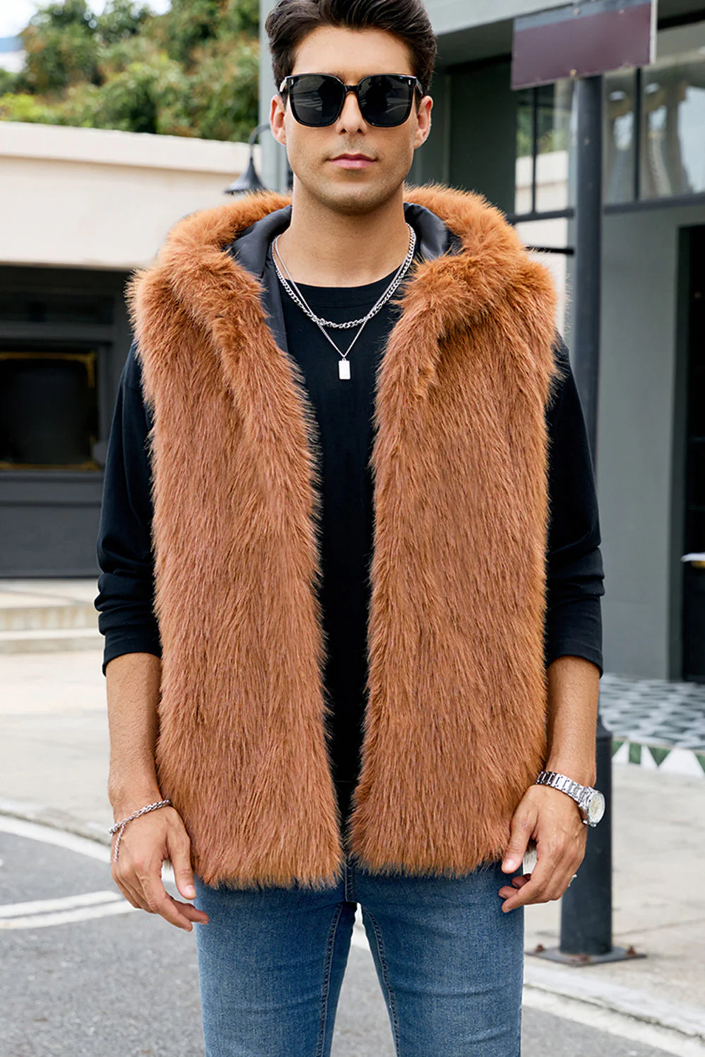 Men's Camel Faux Fur Hooded Vest - Image 2