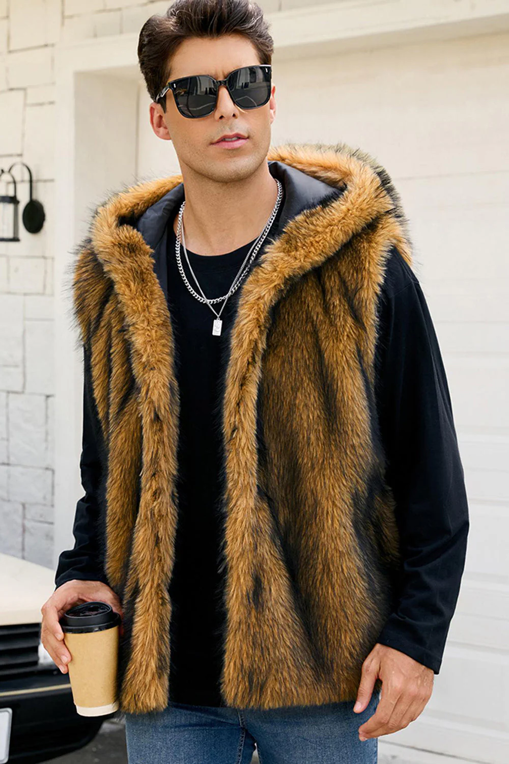 Men's Camel Faux Fur Hooded Vest - Image 20