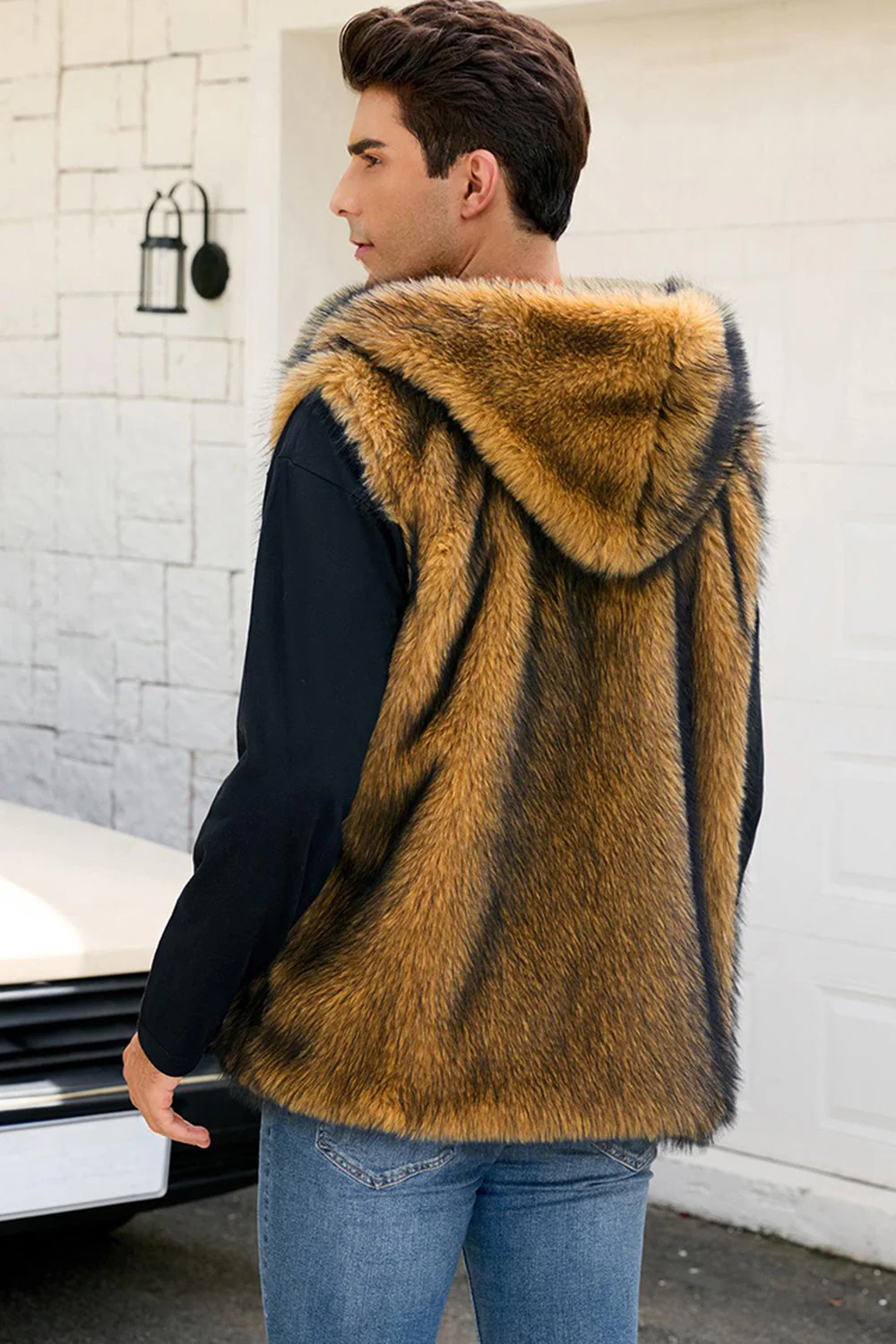 Men's Camel Faux Fur Hooded Vest - Image 21