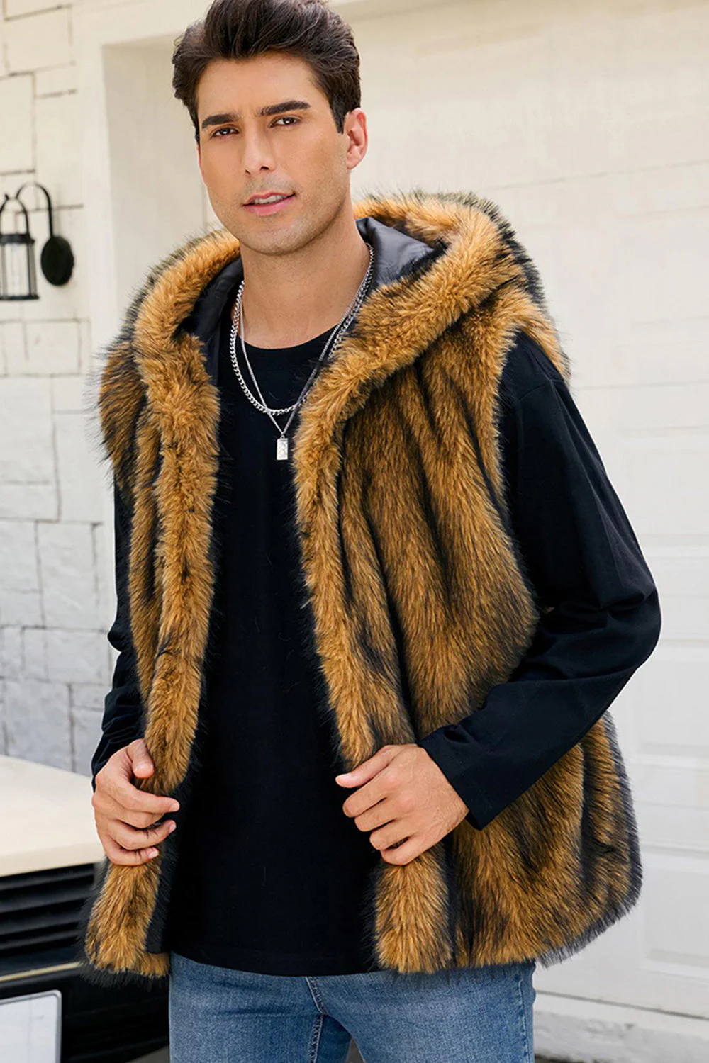 Men's Camel Faux Fur Hooded Vest - Image 24