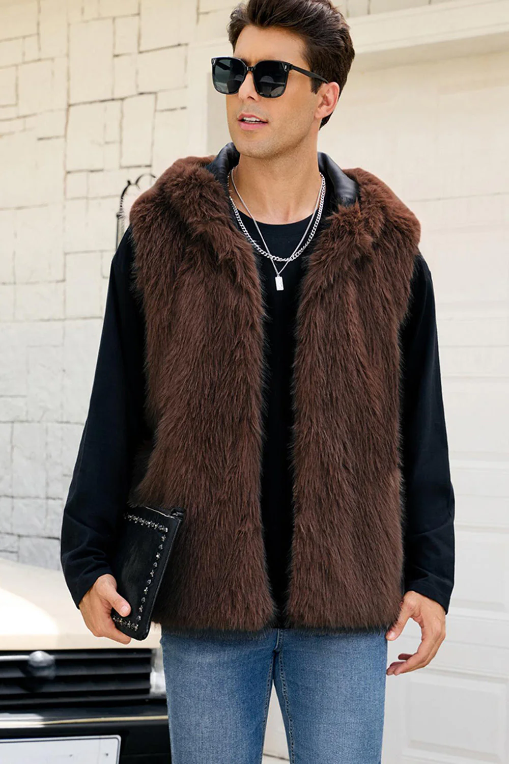 Men's Camel Faux Fur Hooded Vest - Image 25