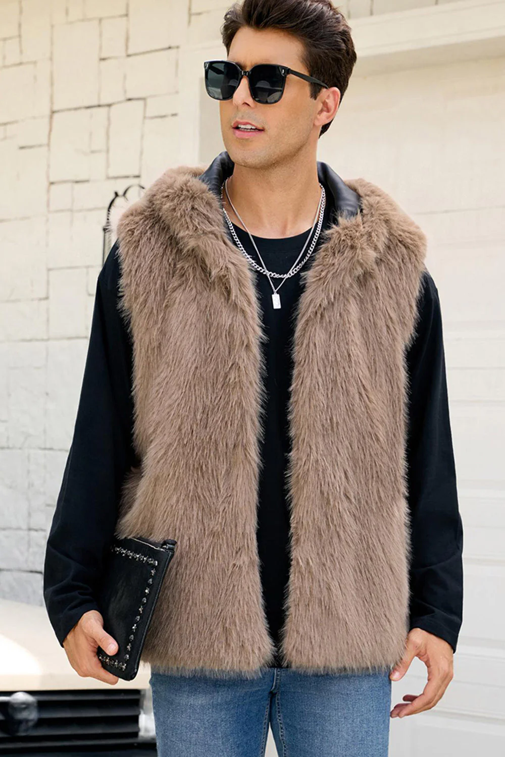 Men's Camel Faux Fur Hooded Vest - Image 26