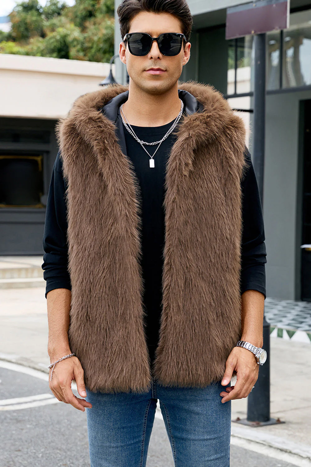 Men's Camel Faux Fur Hooded Vest - Image 27