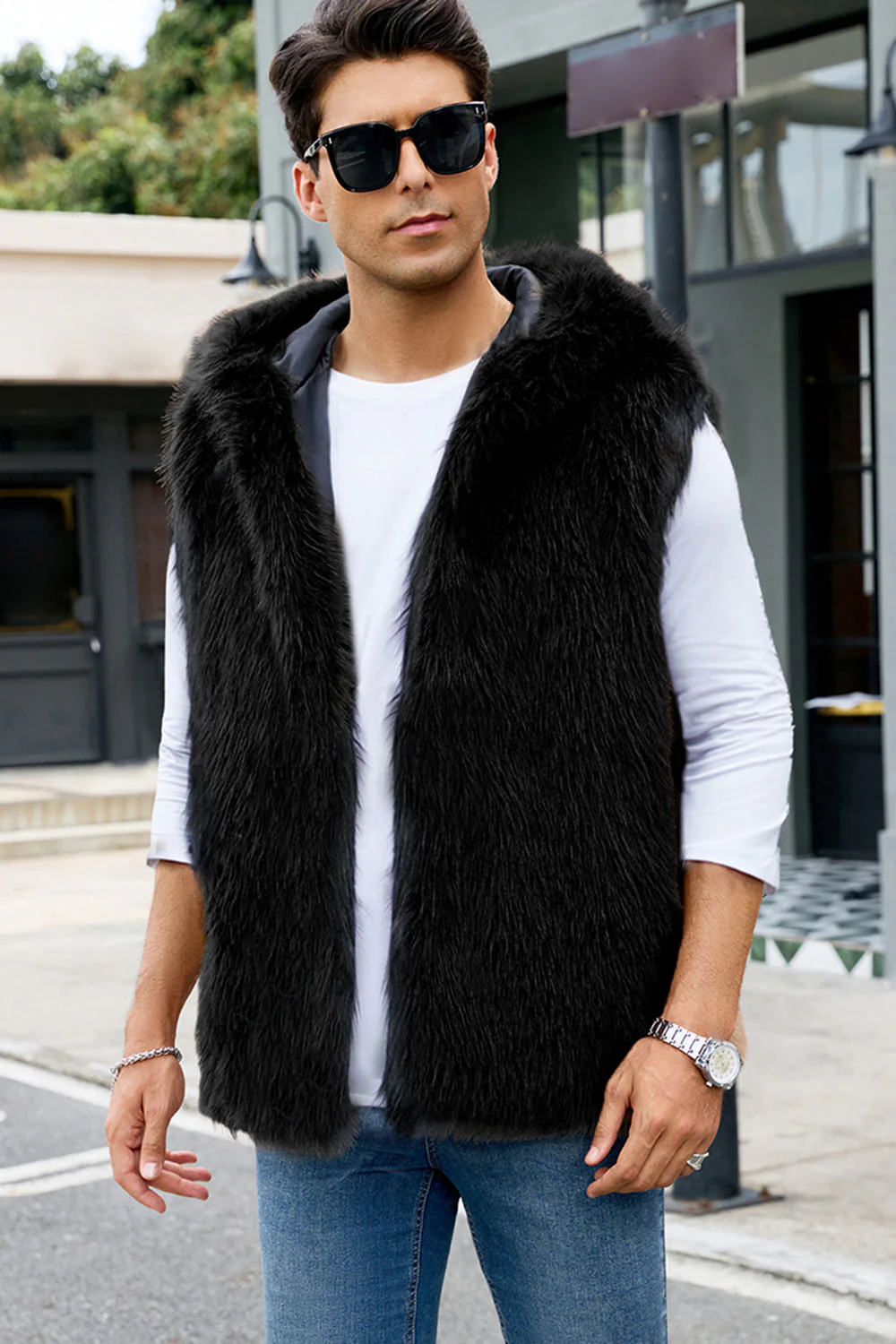 Men's Camel Faux Fur Hooded Vest - Image 28