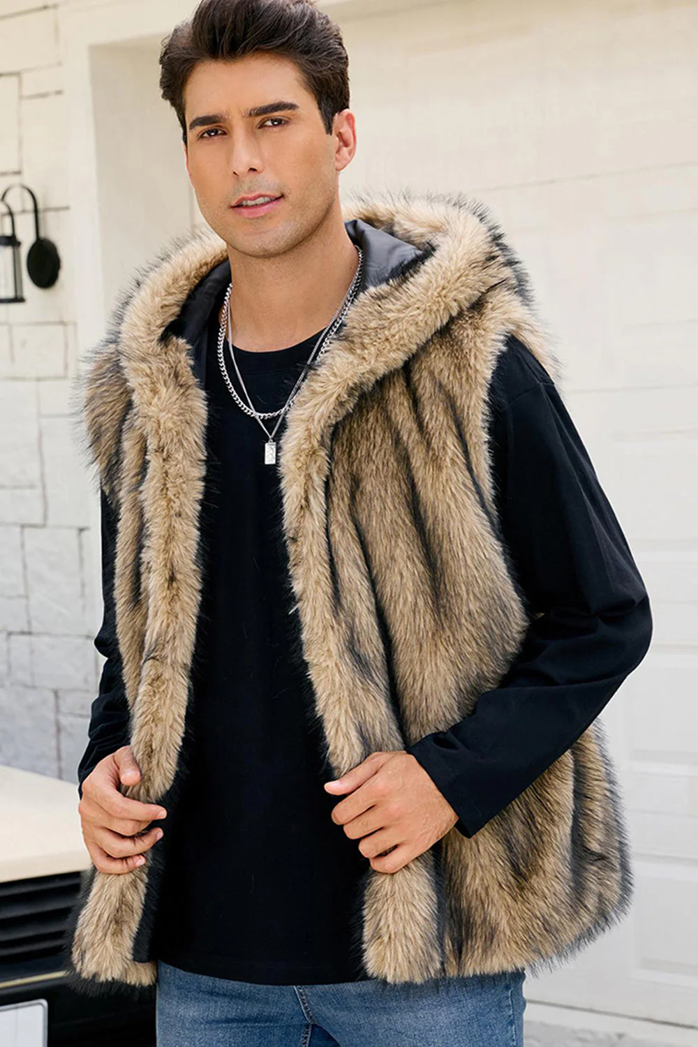Men's Camel Faux Fur Hooded Vest - Image 5