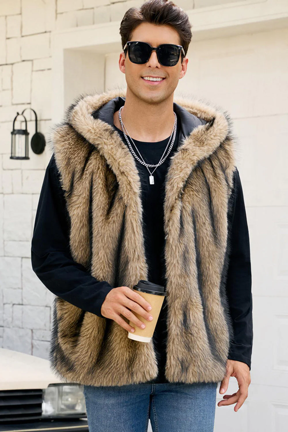 Men's Camel Faux Fur Hooded Vest - Image 6