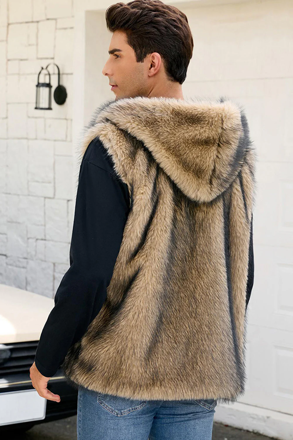 Men's Camel Faux Fur Hooded Vest - Image 7