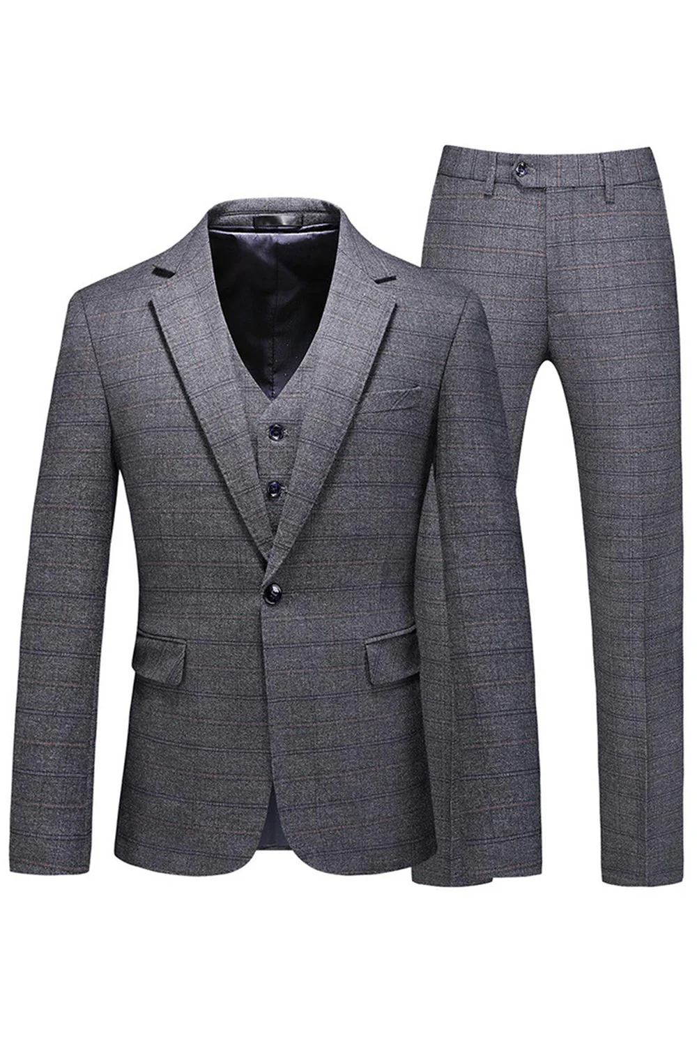 Men's Dark Blue Plaid Notched Lapel 3 Pieces Prom Suits - Image 10