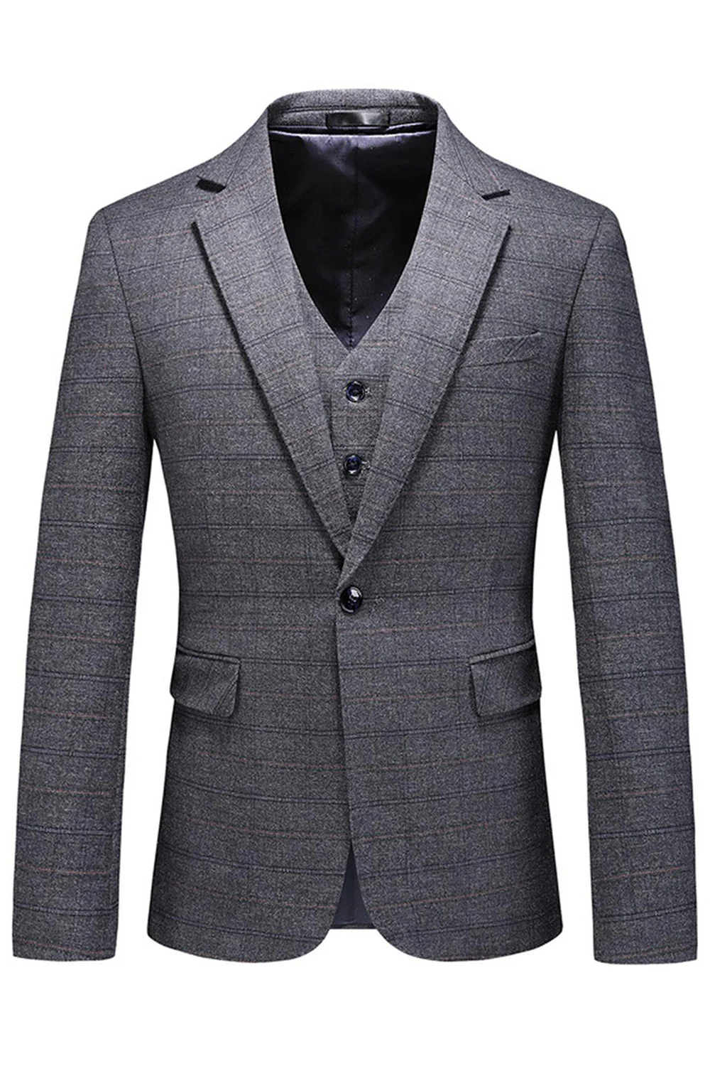 Men's Dark Blue Plaid Notched Lapel 3 Pieces Prom Suits - Image 11