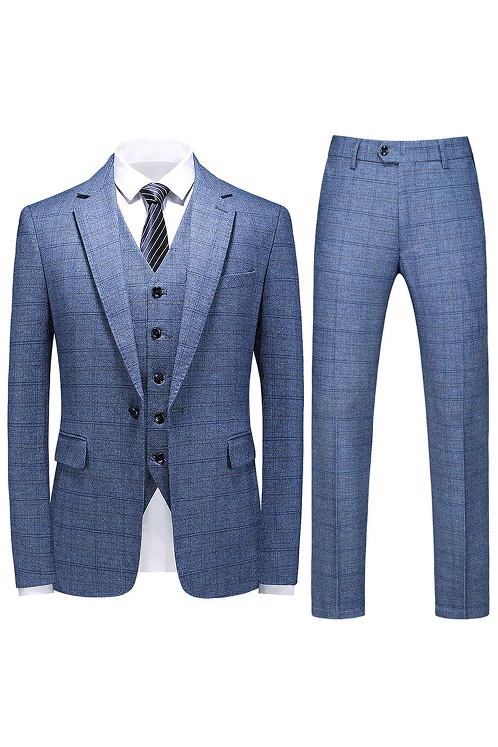 Men's Dark Blue Plaid Notched Lapel 3 Pieces Prom Suits - Image 19