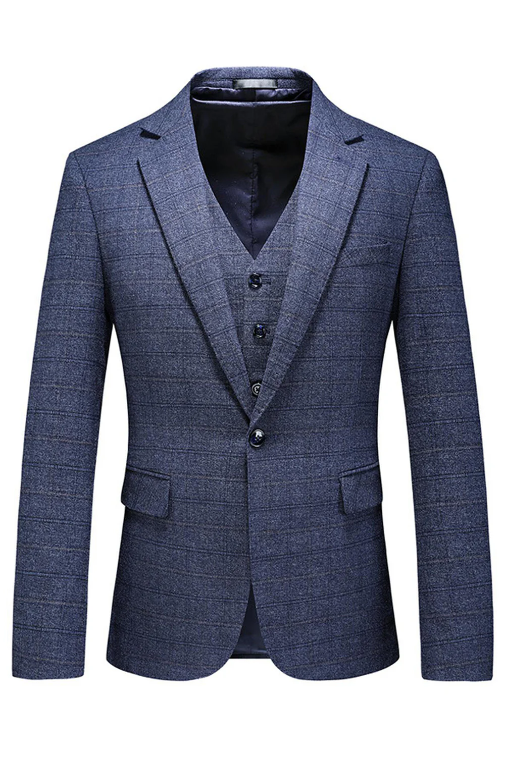 Men's Dark Blue Plaid Notched Lapel 3 Pieces Prom Suits - Image 2