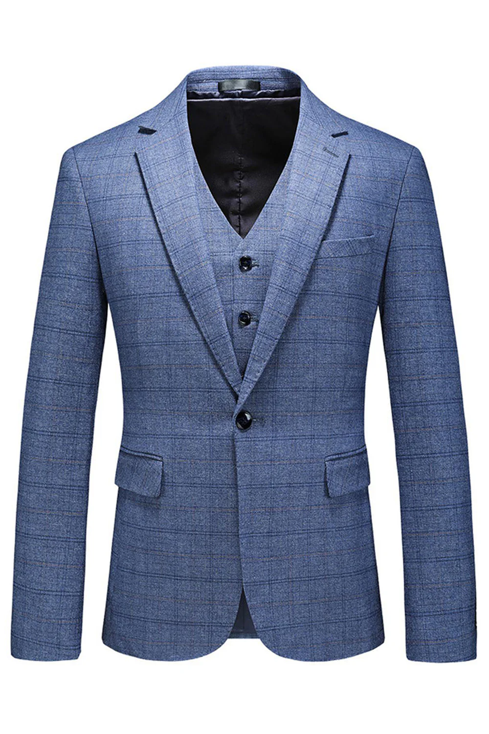 Men's Dark Blue Plaid Notched Lapel 3 Pieces Prom Suits - Image 20