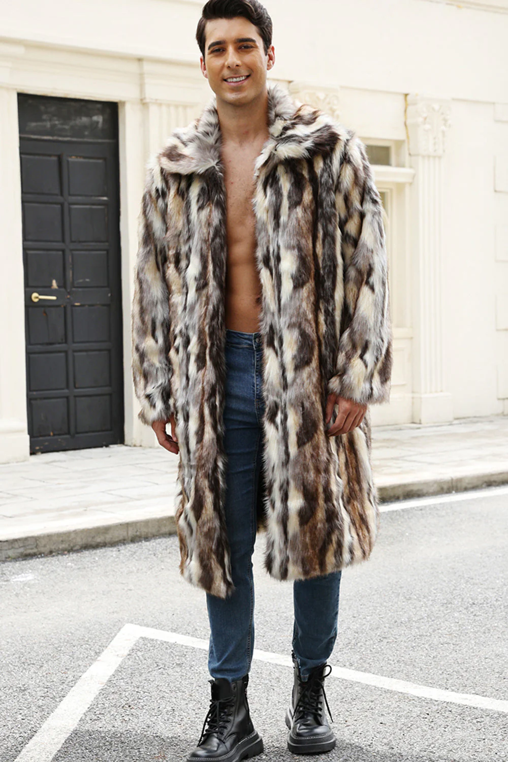 Men's Faux Fur Grey Coffee Open Front Winter Coat - Image 2