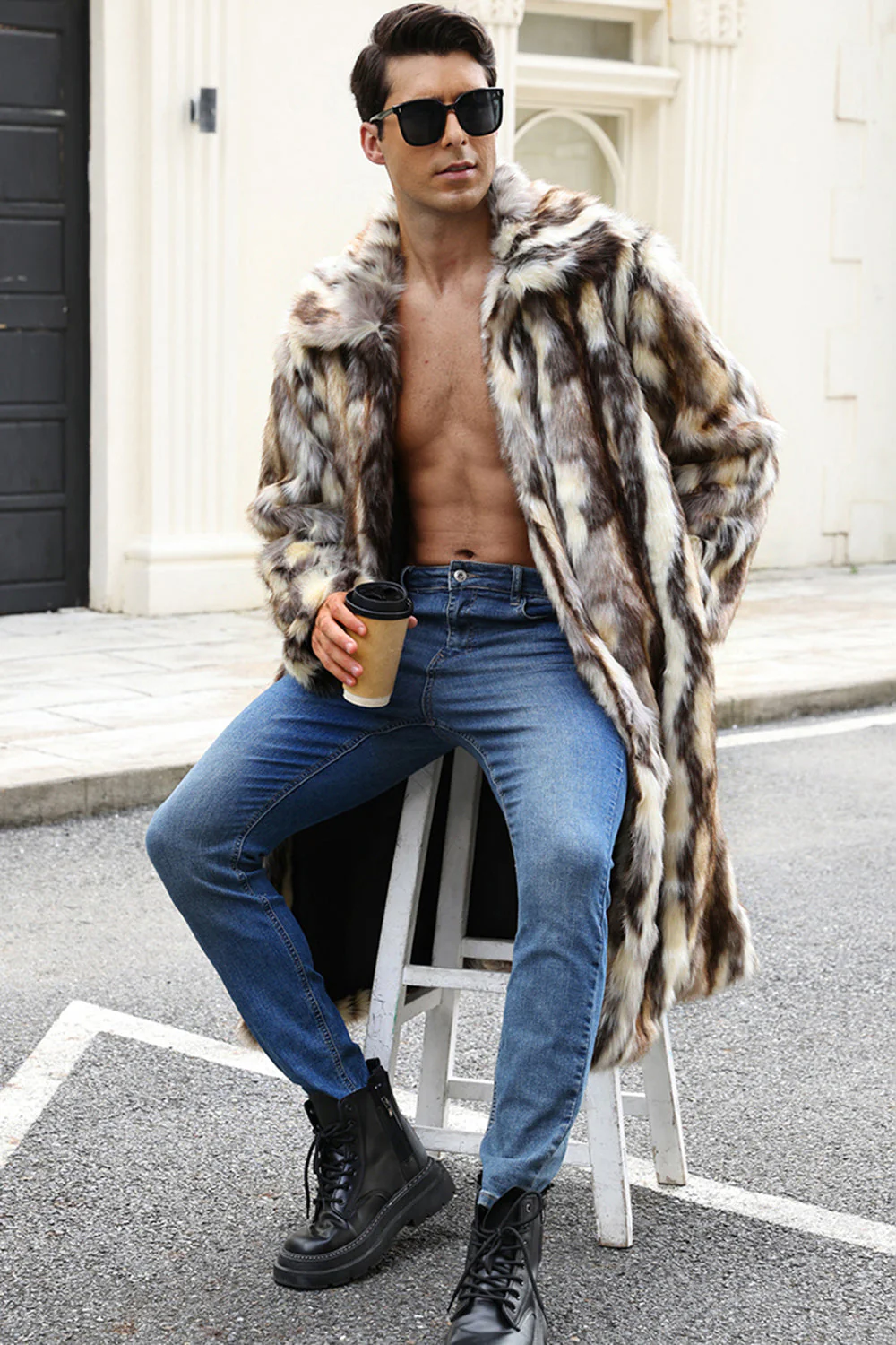 Men's Faux Fur Grey Coffee Open Front Winter Coat - Image 3
