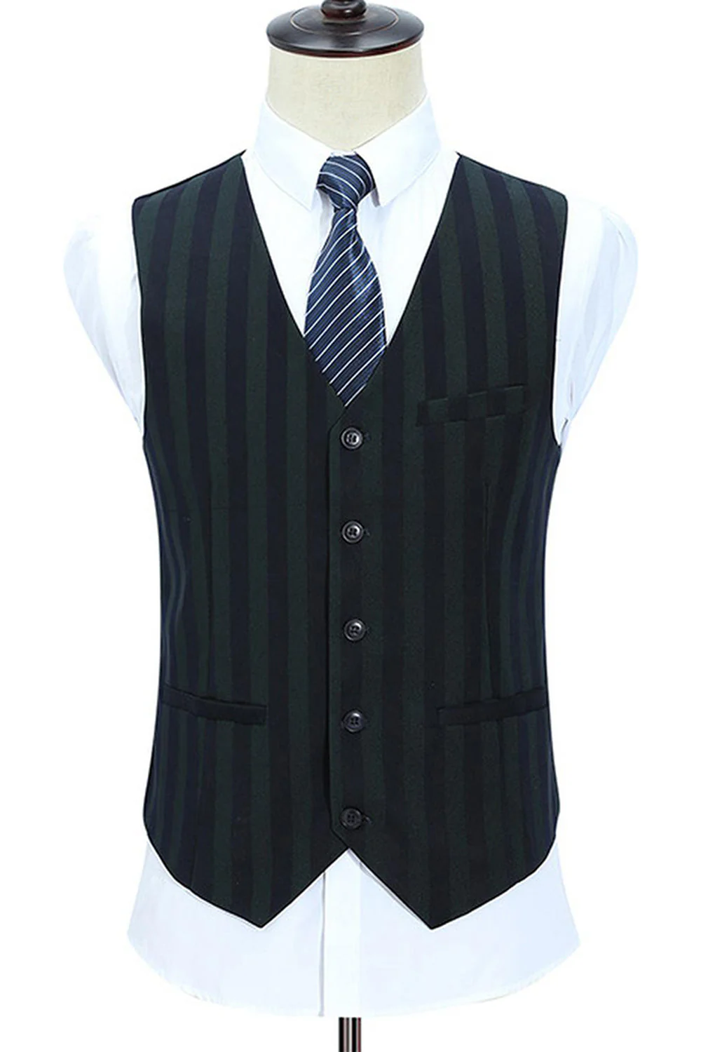 Men's Grey Green Striped Peaked Lapel 3 Pieces Prom Suits - Image 6