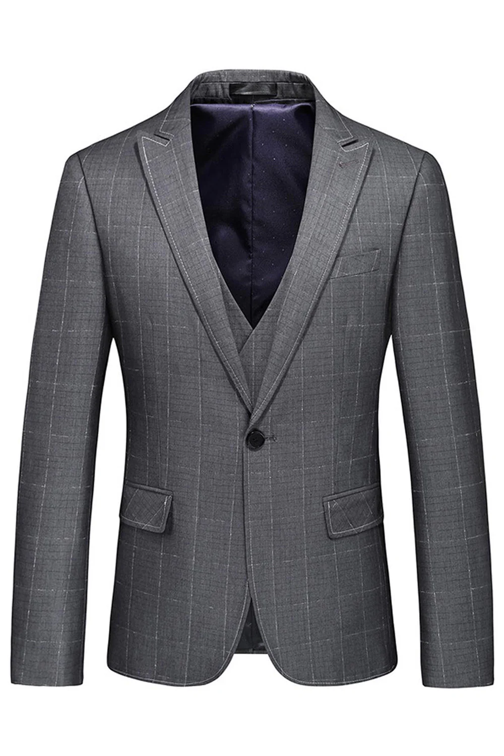 Men's Grey Plaid Peak Lapel 3 Pieces Formal Suits - Image 2