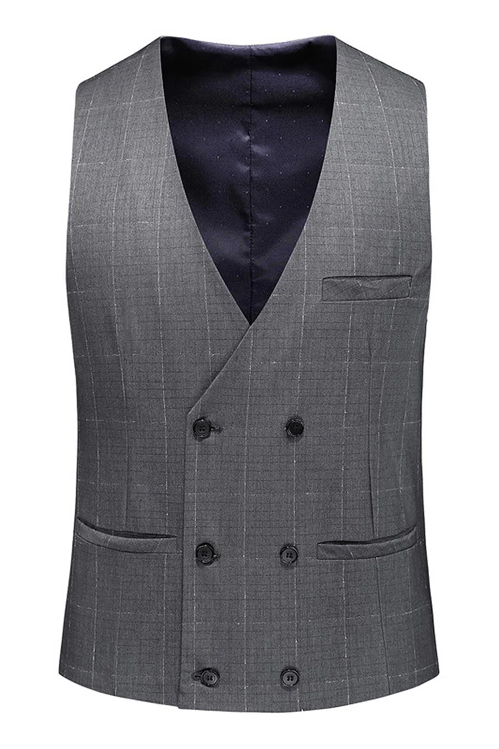 Men's Grey Plaid Peak Lapel 3 Pieces Formal Suits - Image 5