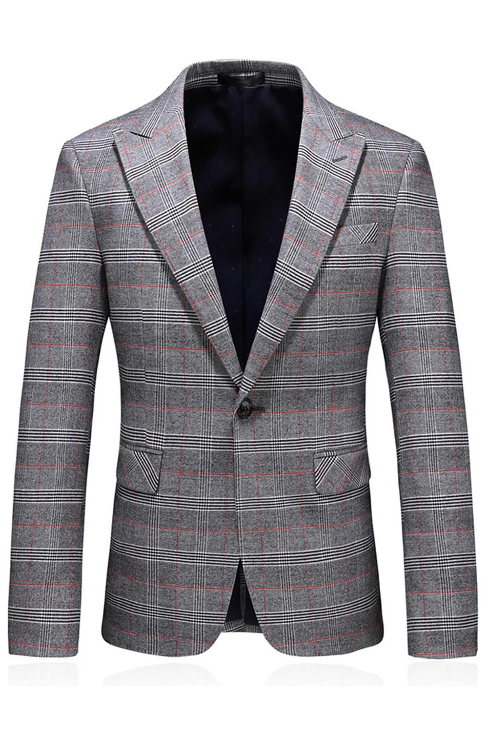 Men's Grey Plaid Peak Lapel 3 Pieces Prom Suits - Image 2