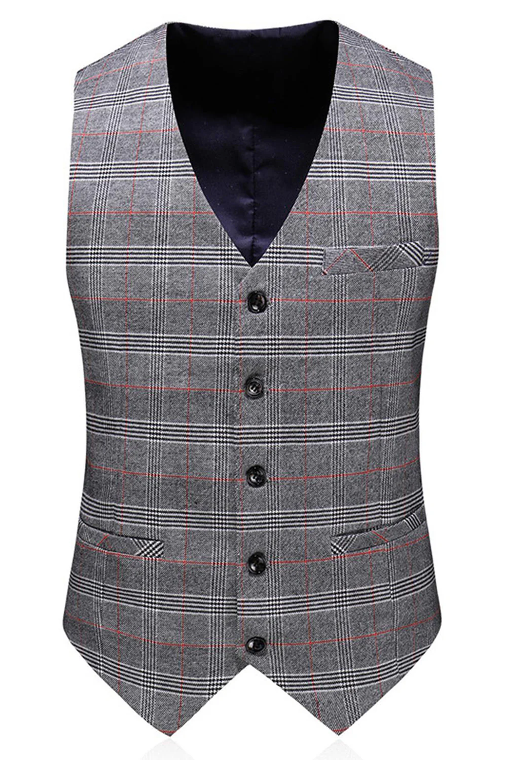 Men's Grey Plaid Peak Lapel 3 Pieces Prom Suits - Image 4