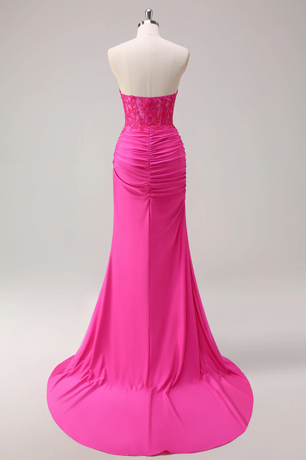 Mermaid Applique Strapless Corset Long Fuchsia Prom Dress with Slit - Image 10