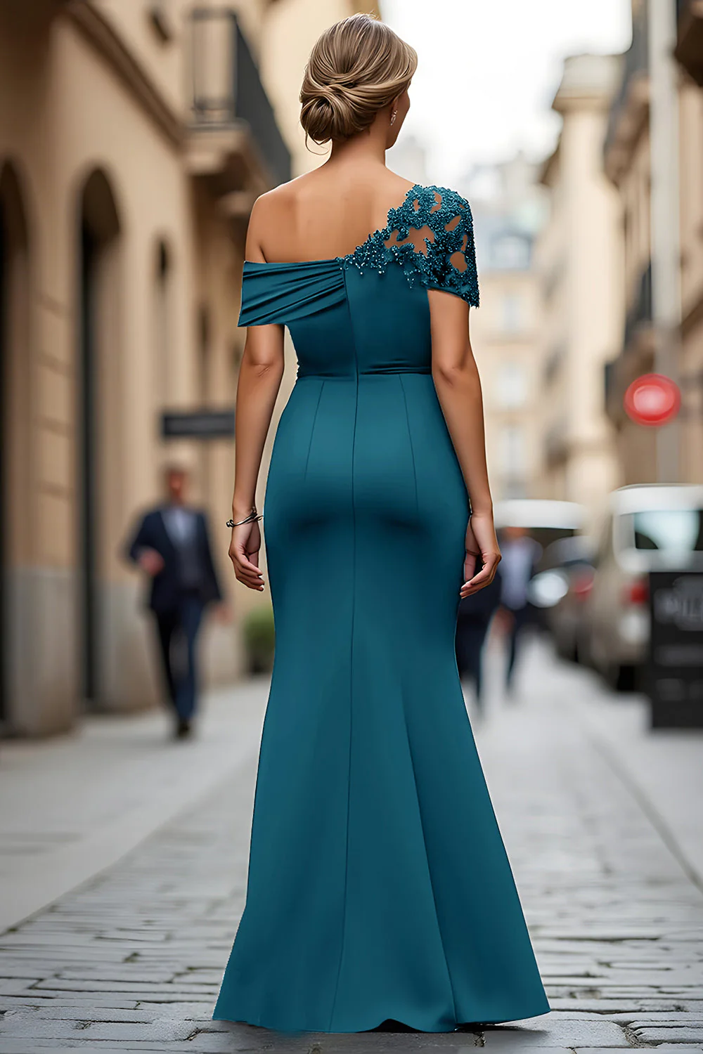 Mermaid Black Asymmetrical Mother of the Bride Dress with Appliques - Image 20