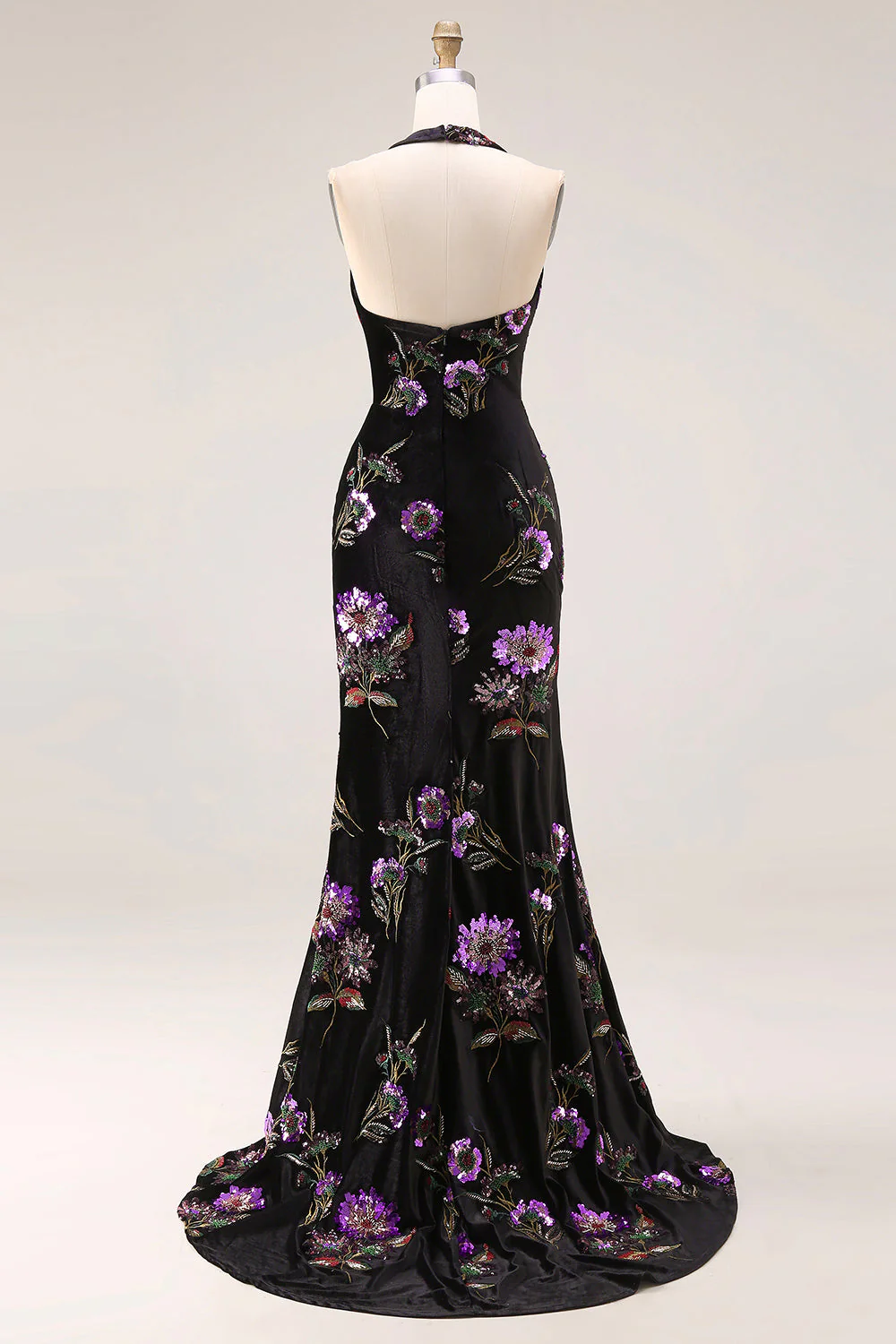 Mermaid Black Velvet Halter Embroidered Sequin Long Prom Dress with Slit - Image 2