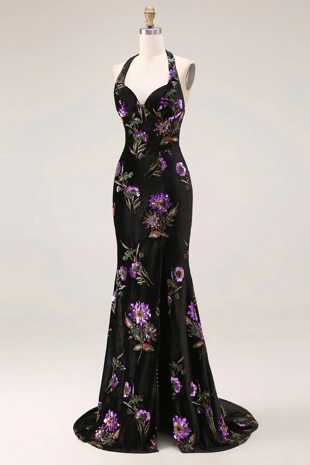 Mermaid Black Velvet Halter Embroidered Sequin Long Prom Dress with Slit - Image 3