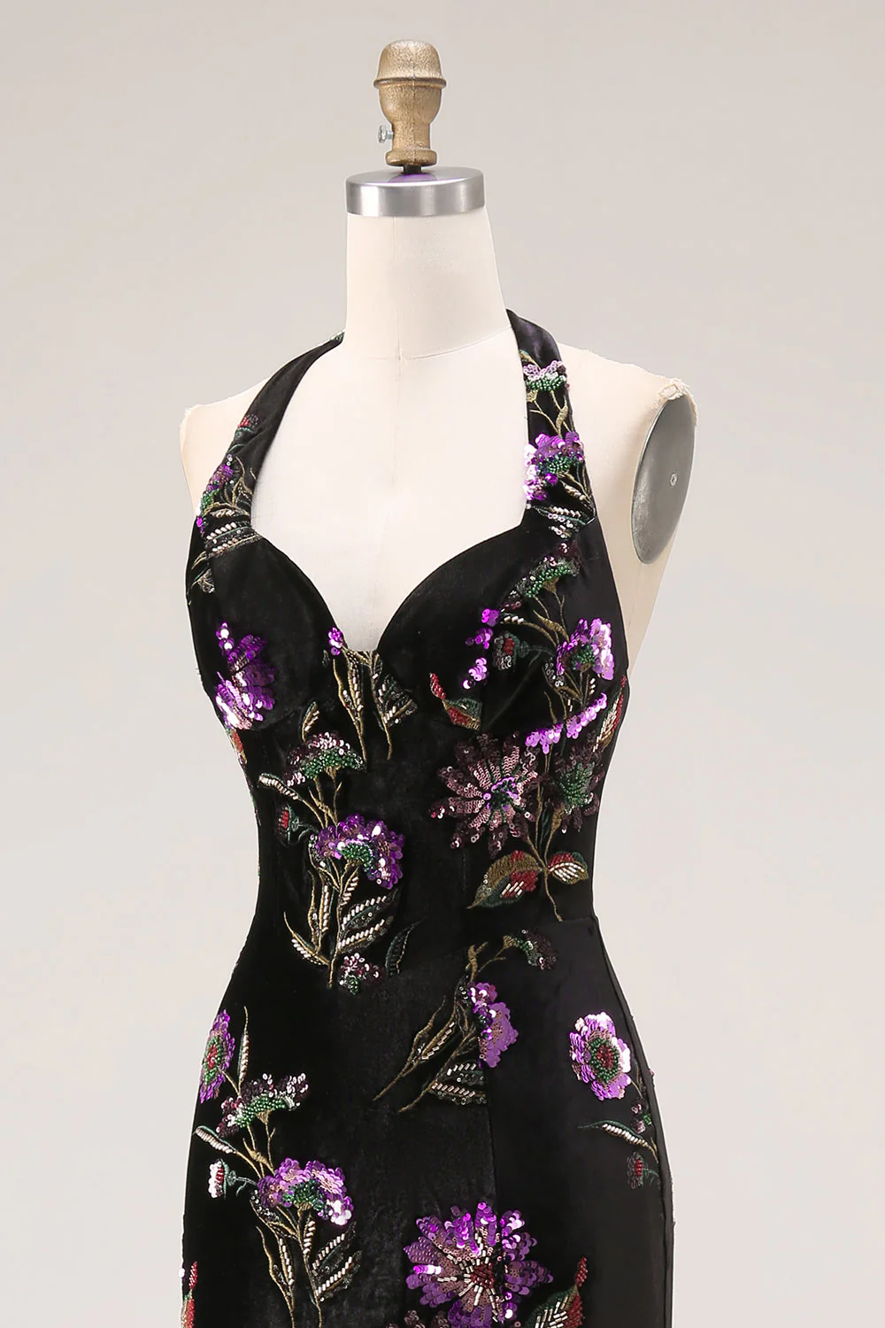 Mermaid Black Velvet Halter Embroidered Sequin Long Prom Dress with Slit - Image 6