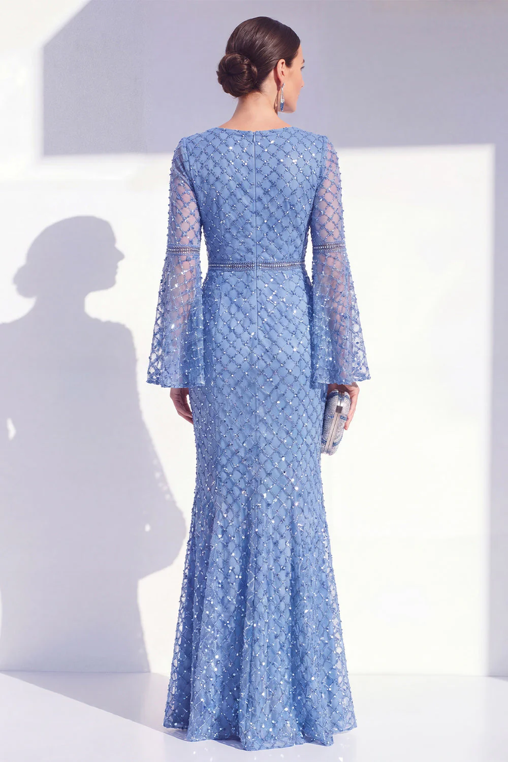 Sparkly Blue Mermaid Sequin Long Mother Of the Bride Dress with Cape Sleeves - Image 2