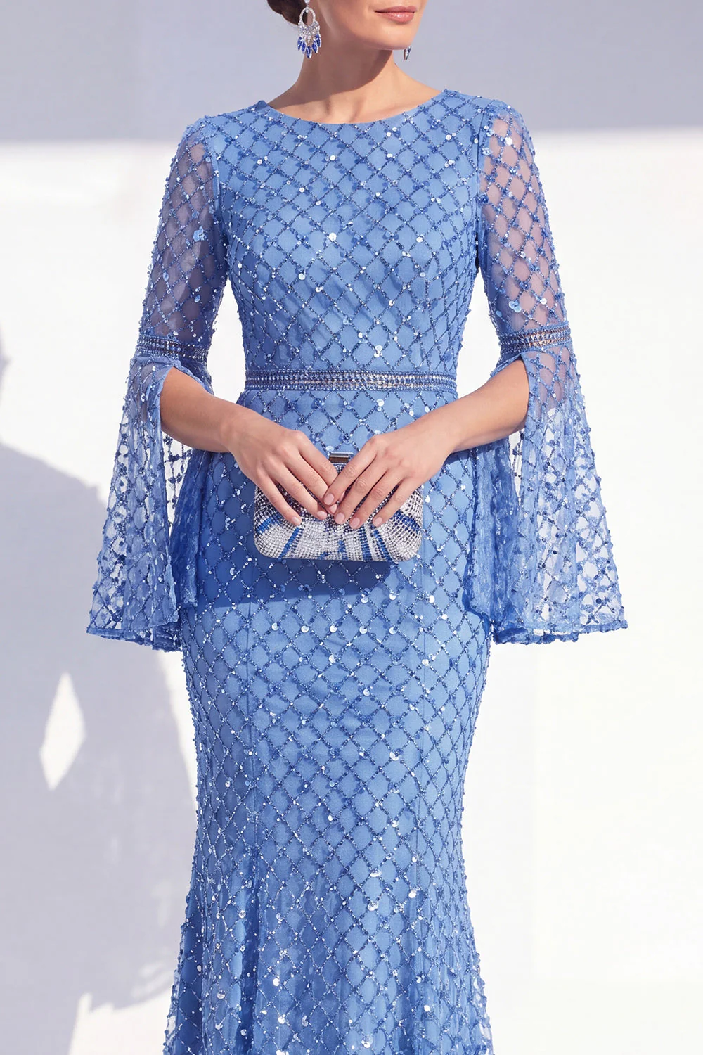 Sparkly Blue Mermaid Sequin Long Mother Of the Bride Dress with Cape Sleeves - Image 3