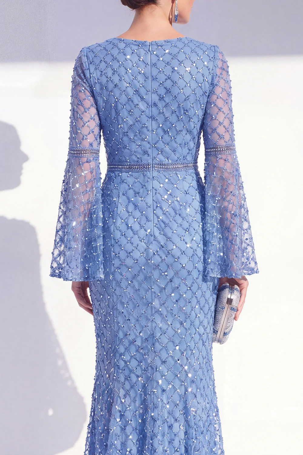 Sparkly Blue Mermaid Sequin Long Mother Of the Bride Dress with Cape Sleeves - Image 4