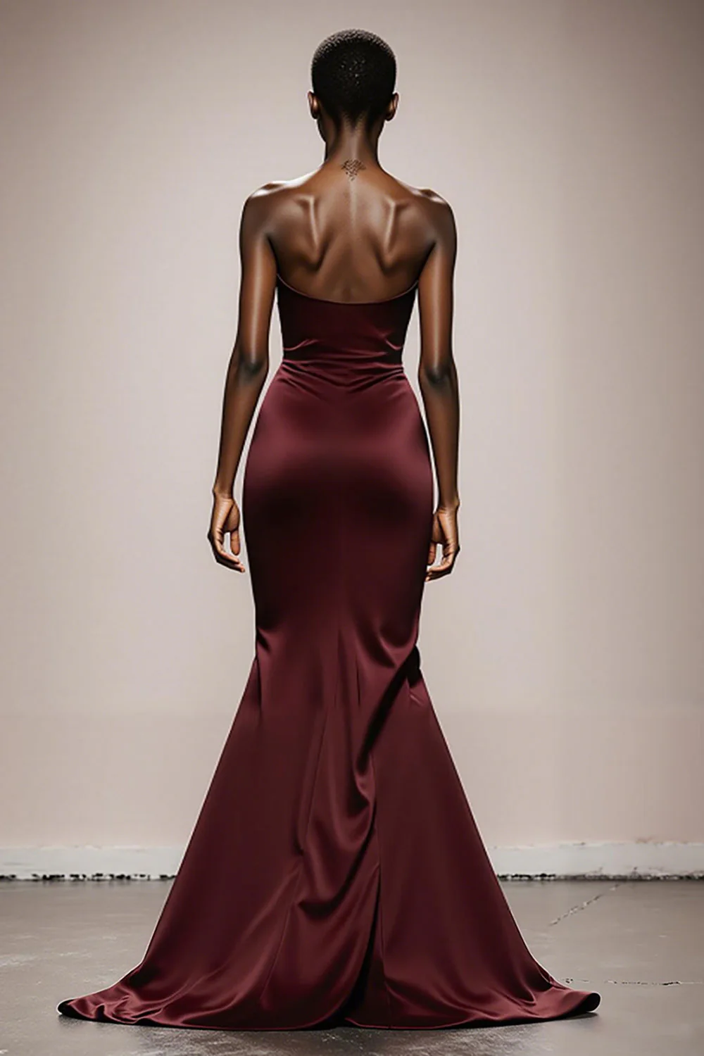 Mermaid Burgundy Strapless Satin Evening Dress with Slit - Image 2