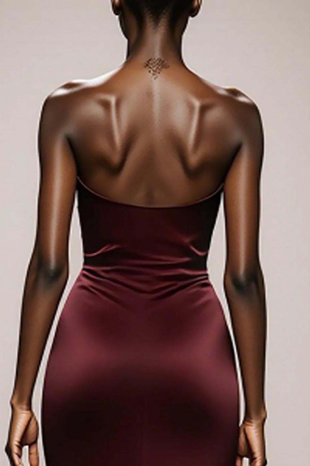 Mermaid Burgundy Strapless Satin Evening Dress with Slit - Image 4