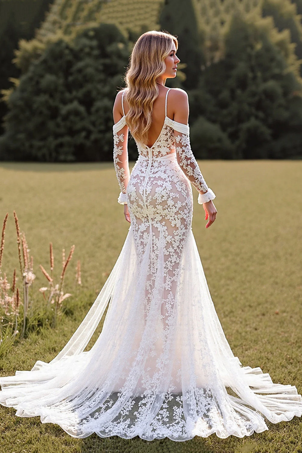 Mermaid Cold Shoulder Lace White Sweep Train Wedding Dress - Image 2