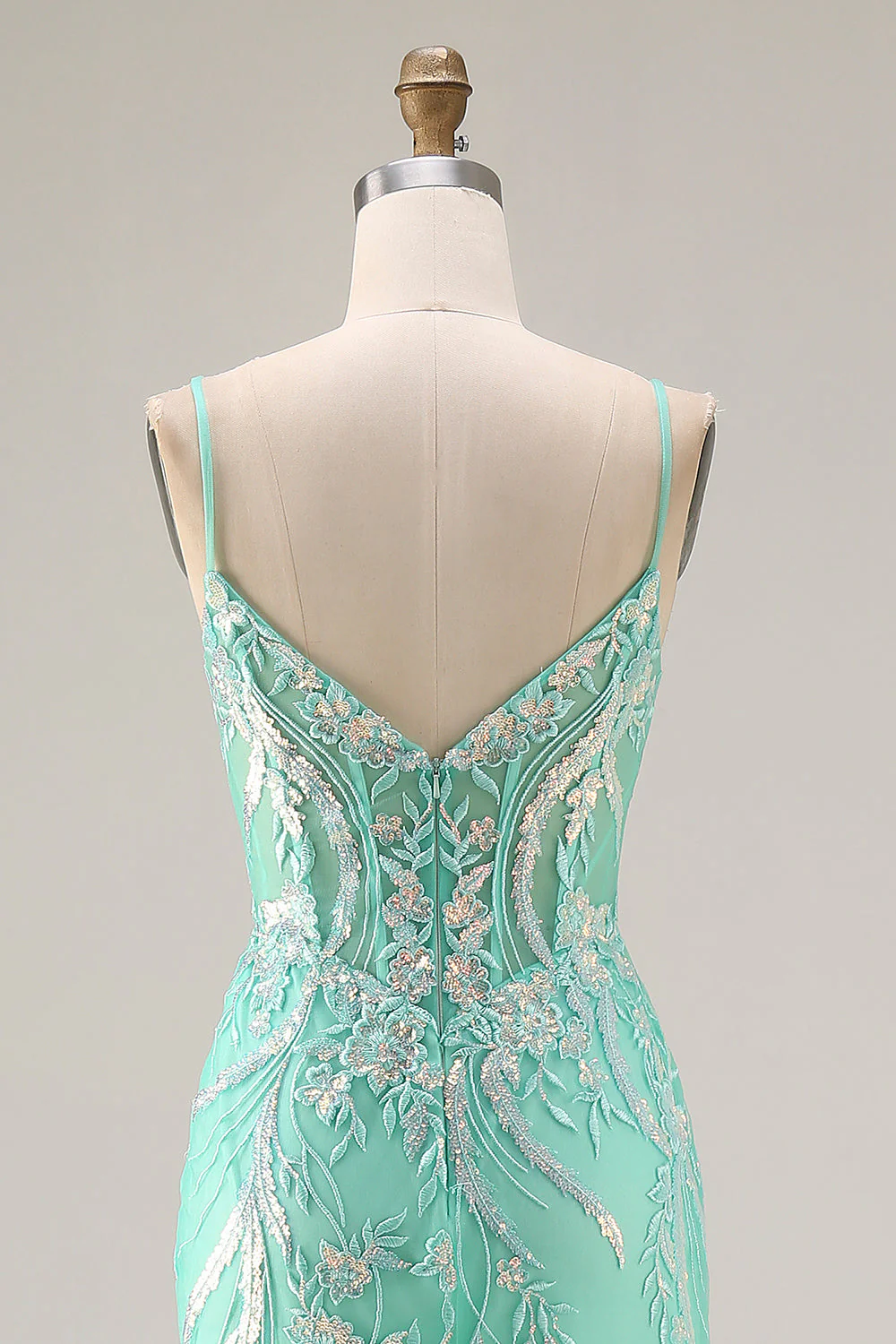 Mermaid Corset Mint Green Sequin Long Prom Dress with Embroidery - Image 5